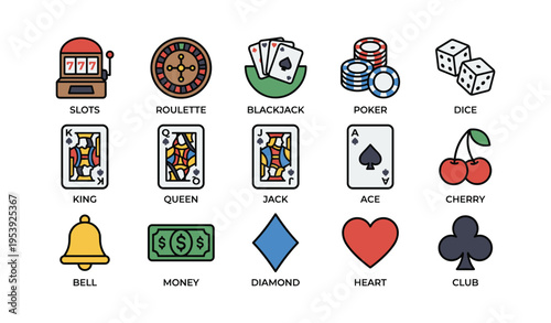 Casino game icons: slots, roulette, blackjack, poker, dice, cards, symbols