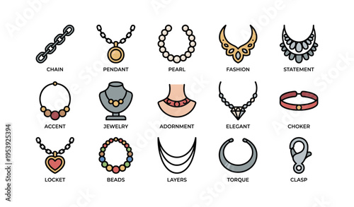 Stylish jewelry collection: chains, pendants, pearls, fashion, statement pieces