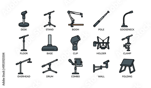 Variety of microphone stands and holders for diverse audio needs