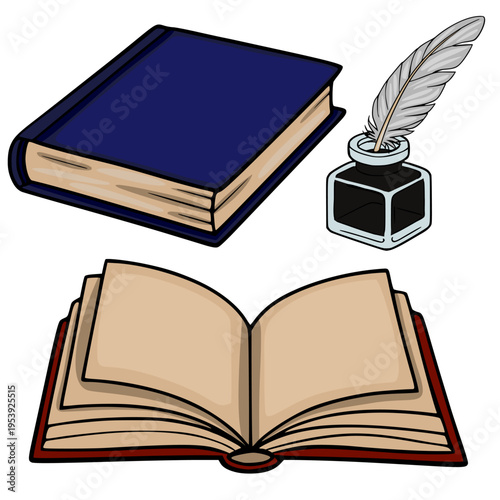 Vector illustration of an open book, closed book, and inkwell with quill