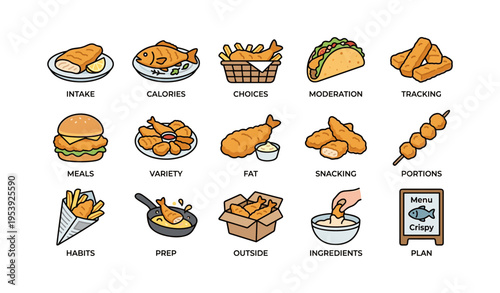 Assorted fast food dishes with fish, chicken, burgers, and fries