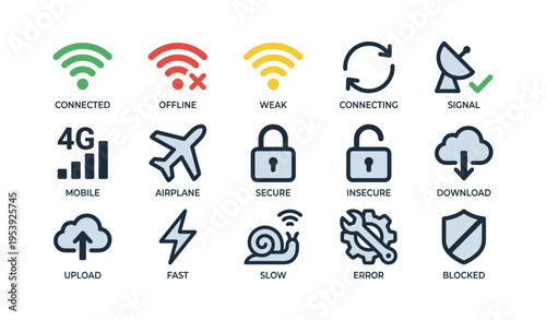 Set of network and connectivity icons: wifi, airplane mode, secure connection, download, upload
