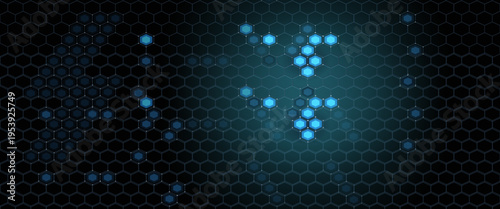 Futuristic abstract blue background featuring glowing hexagonal grid pattern and connected dots. Digital technology concept with geometric honeycomb structure
