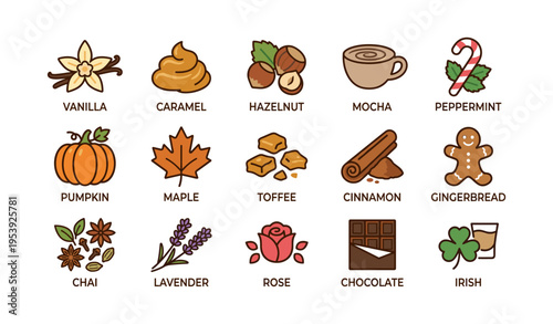 Assorted flavor icons: vanilla, caramel, hazelnut, and more seasonal delights