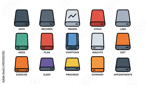 Colorful medical data icons representing trends, labs, meds, diet, and more