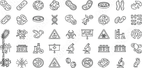 Microbiology and Laboratory Line Icon Set Featuring Bacteria, Virus, DNA, Cells, Microscope, Biohazard, and Scientific Research Symbols for Medical and Science Design