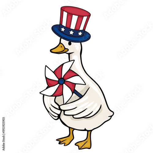 Adorable vector duck illustration wearing Uncle Sam hat and holding a pinwheel for Fourth of July celebrations