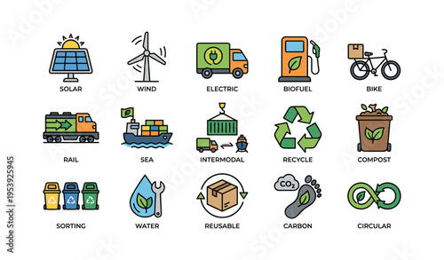 Renewable energy and sustainability icons: solar, wind, electric, recycle, compost