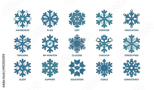 Sixteen blue snowflake icons representing health and wellness themes
