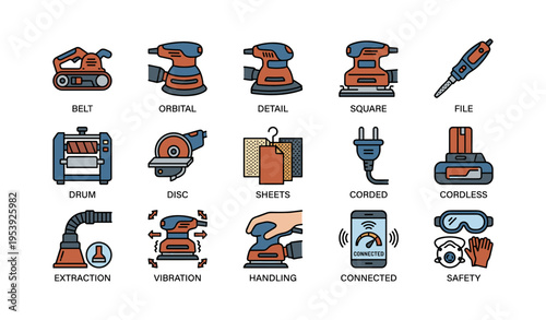 Various types of power sanders with accessories and features illustrated