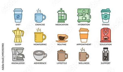 Colorful coffee makers and cups icons representing daily routines and lifestyles