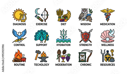 Icons illustrating health and wellness concepts in vibrant colors