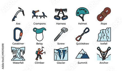 Essential climbing gear: ice axe, harness, helmet, rope, carabiner, icefall