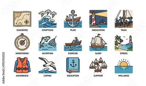 Nautical-themed icons illustrating health and wellness activities