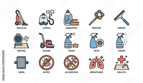 Cleaning equipment and health icons: vacuum, shampoo, pets, allergens, breathing
