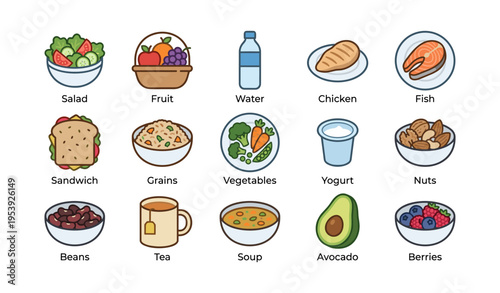 Healthy food variety featuring fruits, vegetables, grains, and proteins