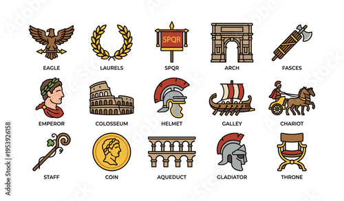 Ancient roman symbols collection: eagle, laurel, spqr, colosseum, gladiator