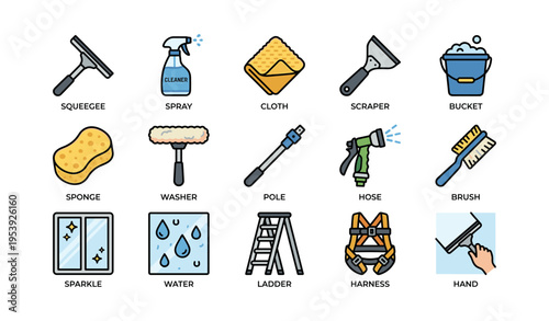 Window cleaning tools: squeegee, spray, cloth, scraper, bucket, sponge, washer, pole, hose, brush