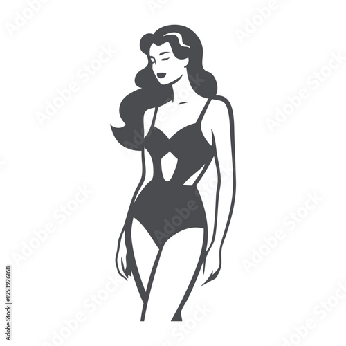Logotipo con dibujo con líneas de una mujer con largo cabello y bikini de estilo retro, posando de pie