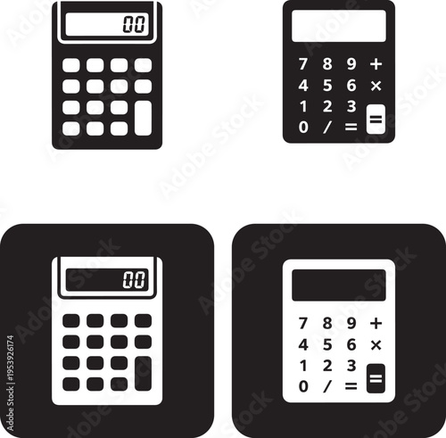 Electronic calculator icon set showing calculation device mathematics accounting outline silhouette flat styles vector.