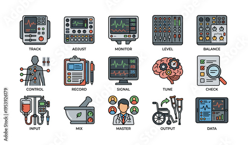 Collection of equipment and tools for sound, medical, and data management