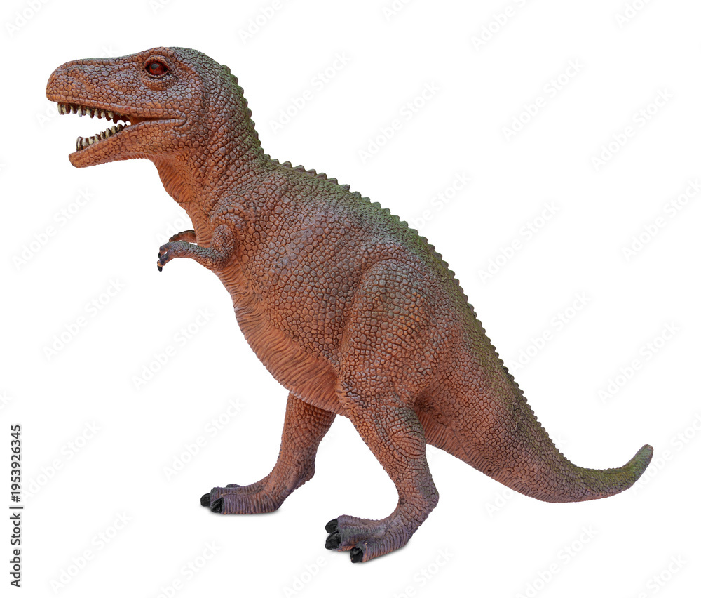 Naklejka premium Old classic vintage soft model of Tyrannosaurus Rex Dinosaur Toy isolated on transparent background or png file.