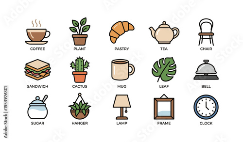Assorted everyday objects icons including coffee, plant, pastry, tea, and chair