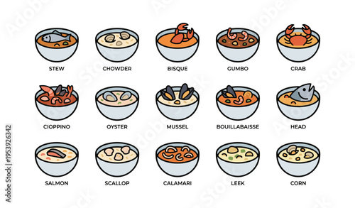 Variety of seafood soups and stews: chowder, bisque, gumbo, and more