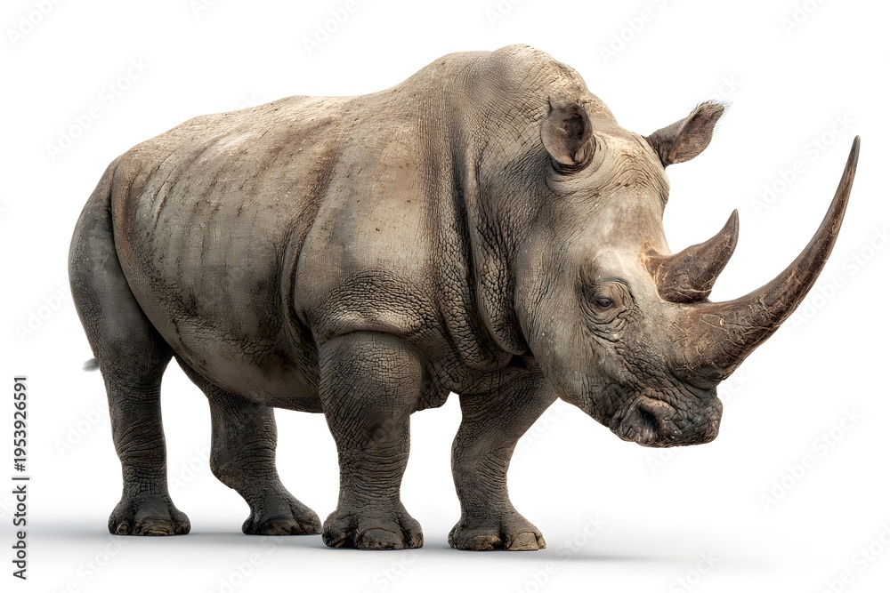 Fototapeta premium A large rhinoceros stands alertly on a white background