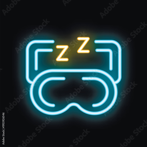 Neon sign of a blue sleep mask with yellow zzz on top, representing the idea of sleep and relaxation
