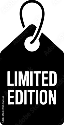 Black price tag icon with limited edition text and a hanging loop for retail design