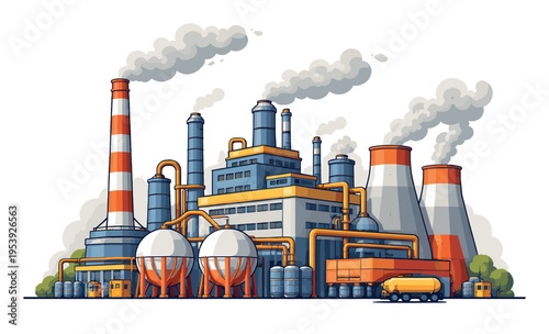 Working industrial factory with smokestacks releasing fumes into the atmosphere, representing heavy industry, power, and environmental concerns