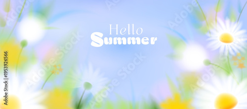 Summer floral background with chamomiles and dandelions, blurred blue sky, green foliage and abstract yellow‑white flowers, vector nature composition for greeting banners
