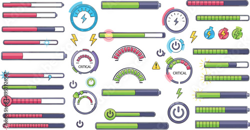 Battery and Power Level Indicator Set with Progress Bars, Circular Gauges, Critical Alerts and Energy Symbols, Colorful UI Elements for Technology, Devices and Apps Vector Design