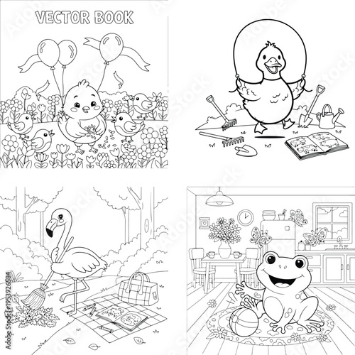 Playful animal coloring book illustrations with chick with balloons and duck jumping rope