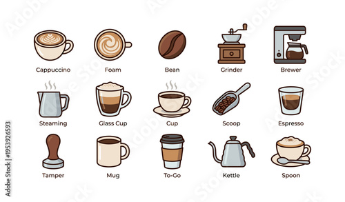 Coffee essentials: cappuccino to espresso with grinder and kettle icons