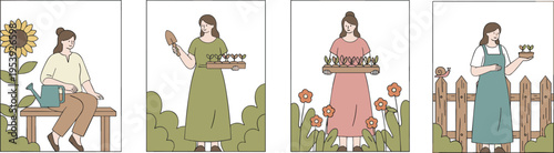 A collection of illustrations featuring women engaged in various gardening and planting activities Vector, illustration