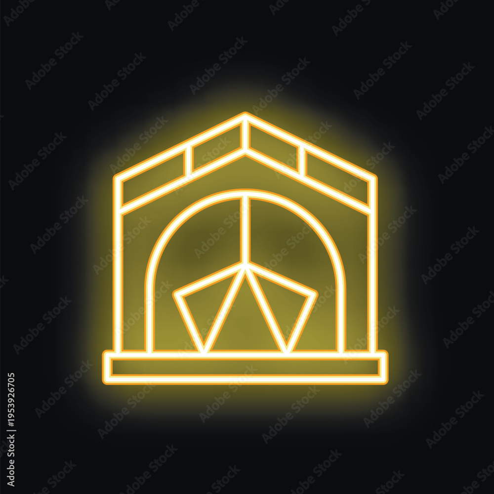 Fototapeta premium Yellow neon sign illustrating a brick fireplace, providing a warm and cozy ambiance