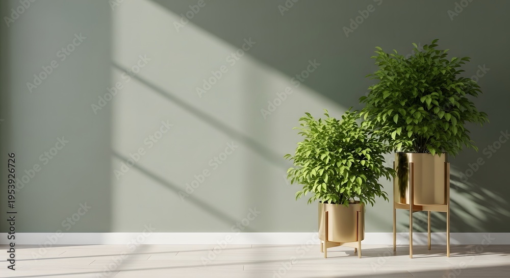 Fototapeta premium Two green plants in wooden planters on a tiled floor with sunlight casting shadows on the wall