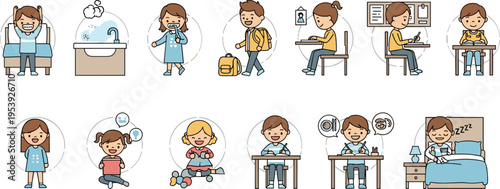 Children daily routine activities set with morning hygiene school study play and sleep, cute kids lifestyle flat vector illustration collection