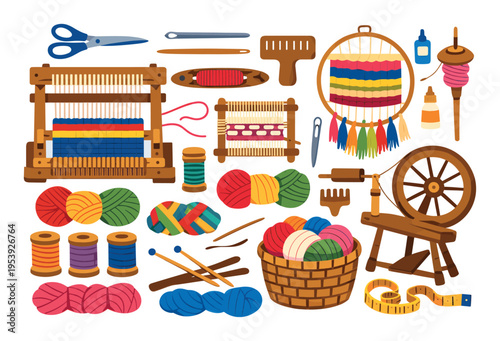 Assortment of crafting supplies and equipment such as vibrant yarn, knitting needles, different looms, and a spinning wheel