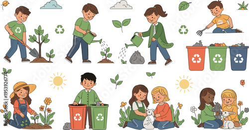 Children eco activities set with recycling gardening and environmental care, kids learning sustainability and nature protection flat vector illustration