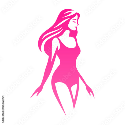 Logotipo con dibujo con líneas de una mujer con largo cabello y bikini de estilo retro, posando de pie