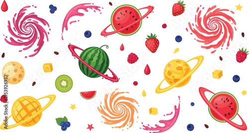 Colorful Fruit Galaxy Space Set with Watermelon, Mango, Kiwi and Berries as Planets with Cosmic Juice Swirls Vector Illustration