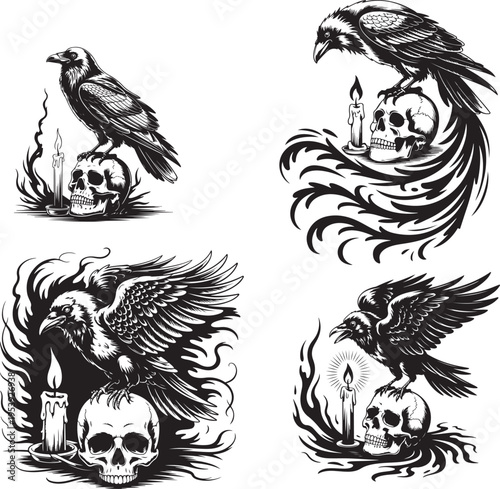 In a stark monochrome world, a majestic raven perches on a skull, its expansive wings unfolding into ethereal shadows that gently cradle a flickering candle flame,