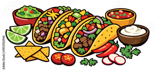 Assortment of colorful Mexican food items including tacos, bowls of guacamole, salsa, sour cream, and crispy nachos