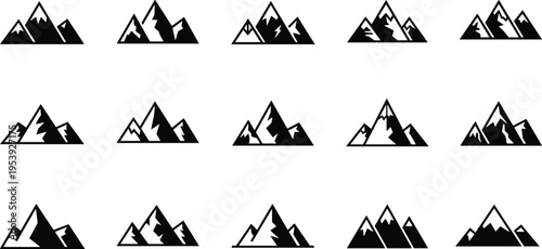A collection of fifteen minimalist black and white mountain peak icons for design applications. Vector, illustration