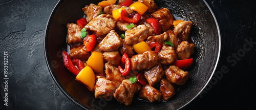 This appetising dish, featuring chunks of meat, peppers and sauce, showcases culinary artistry and is ideal for restaurant advertising banners or food blogs.