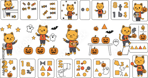 Cute Cartoon Cat Halloween Learning and Activity Vector Illustration Set with Numbers, Shapes, and Games