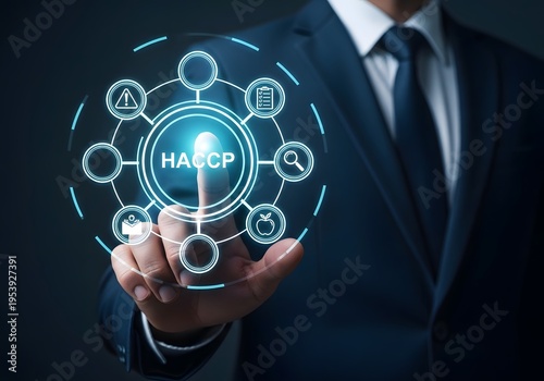 Businessman interacting with H A C P digital interface HACCP suit